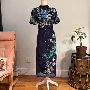 Chic Embroidered Midi Dress navy with turquoise and gold embroidery